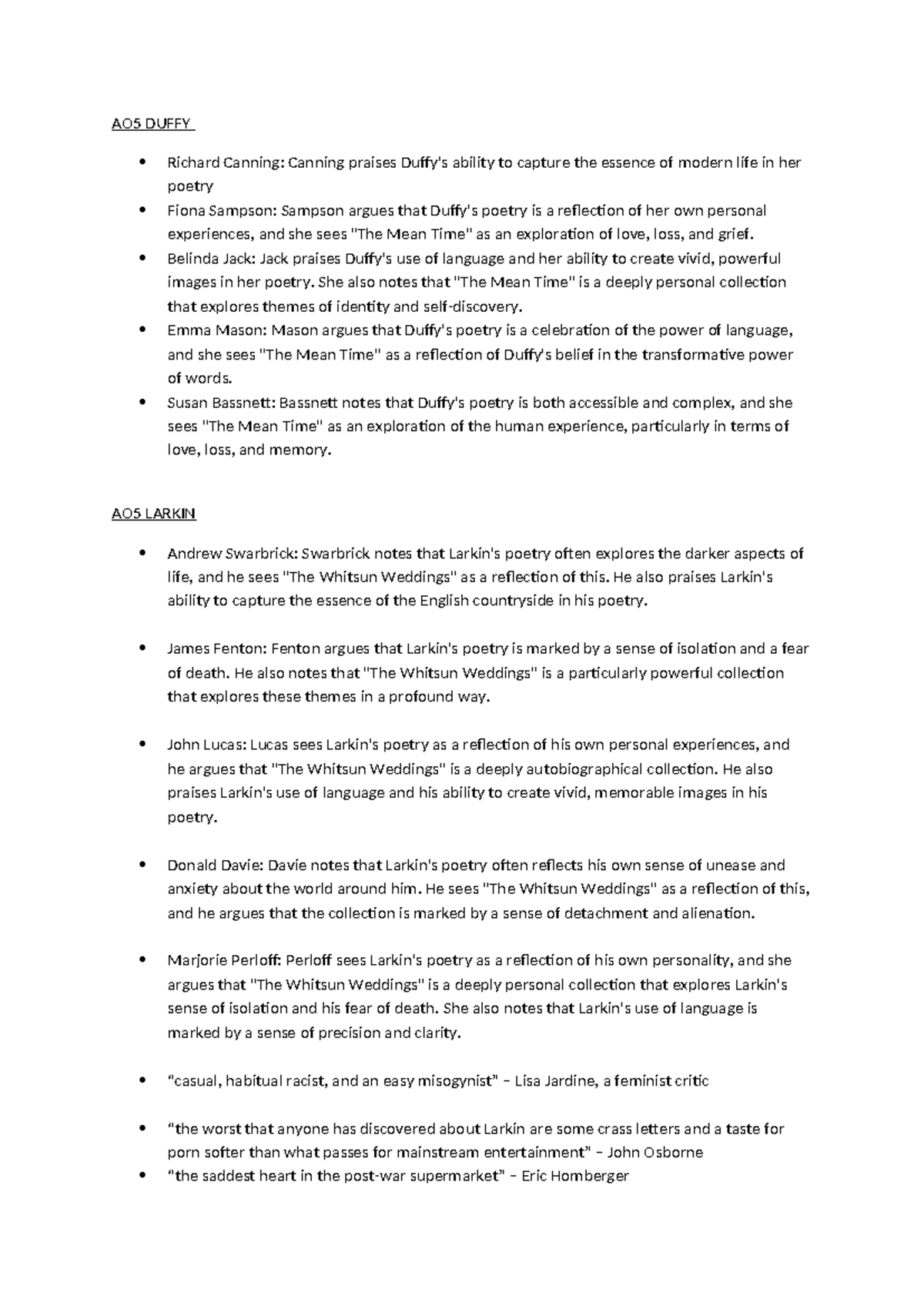 AO5 Analysis of Critics on Duffy & Larkin's Poetry Insights - Studocu