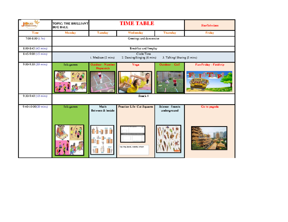 TIME TABLE: Starfish Class Activities for Week 3 of February - Studocu