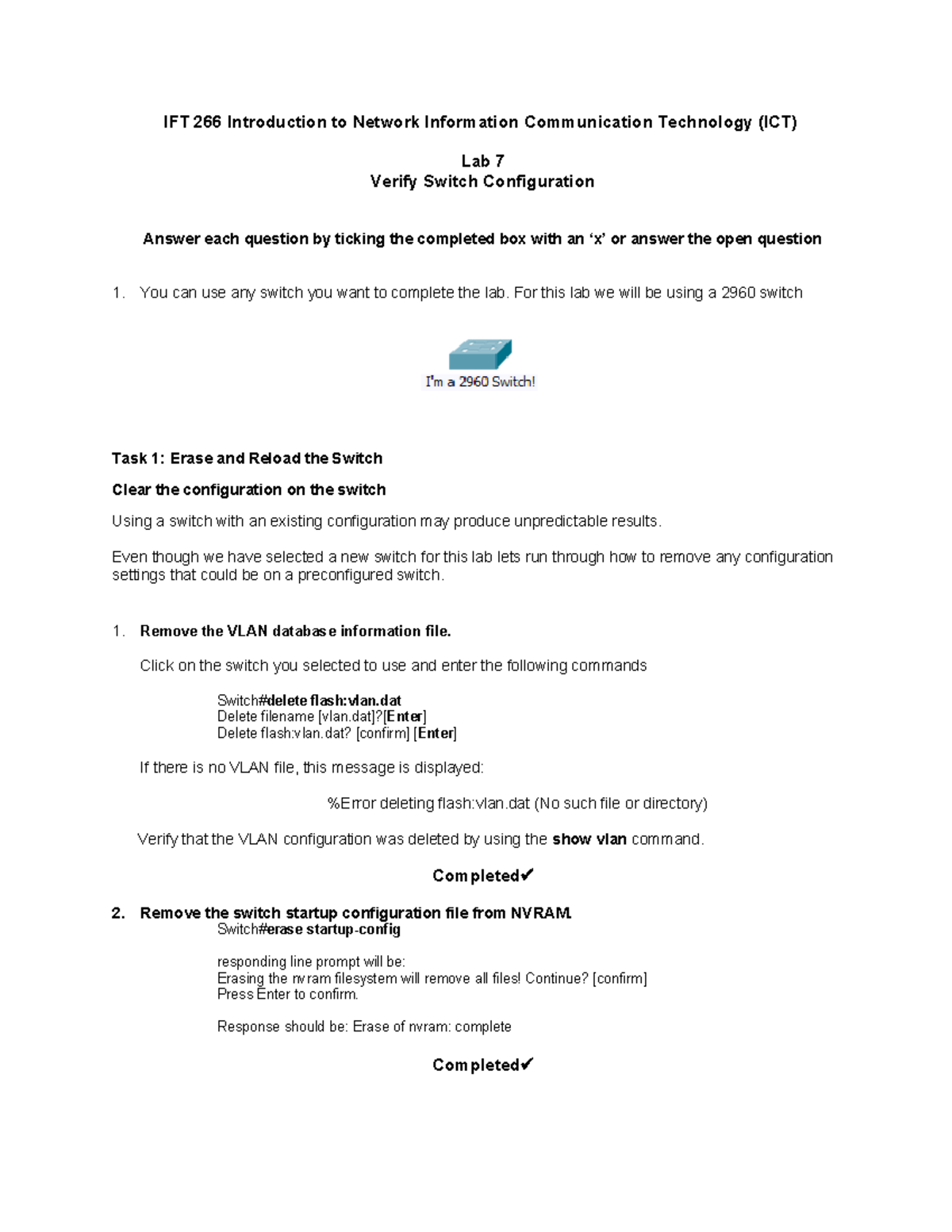 Lab 7 (Verify switch configuration) - IFT 266 Introduction to Network ...