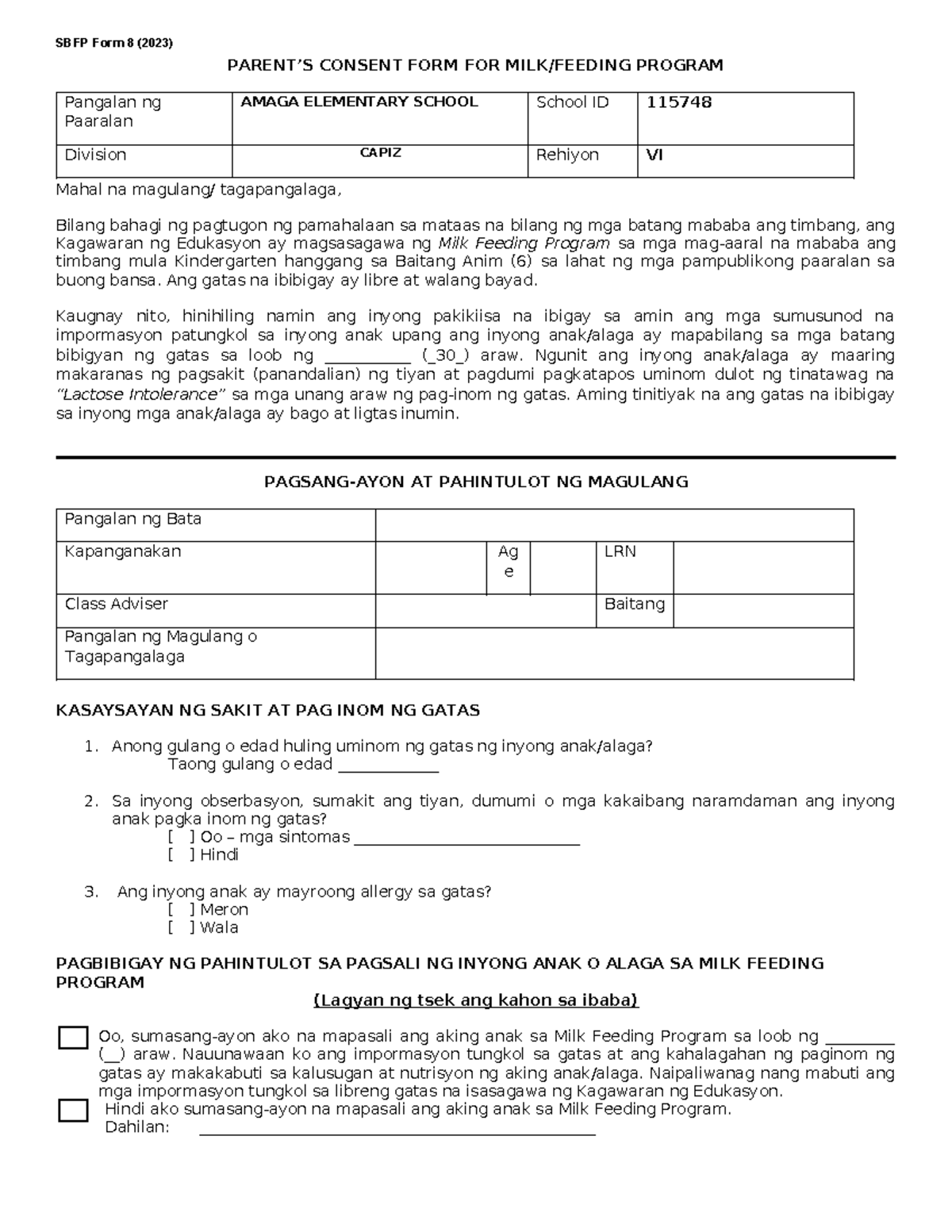 SBFP Form 8: Parent's Consent for Milk Feeding Program at AMAGA ES ...