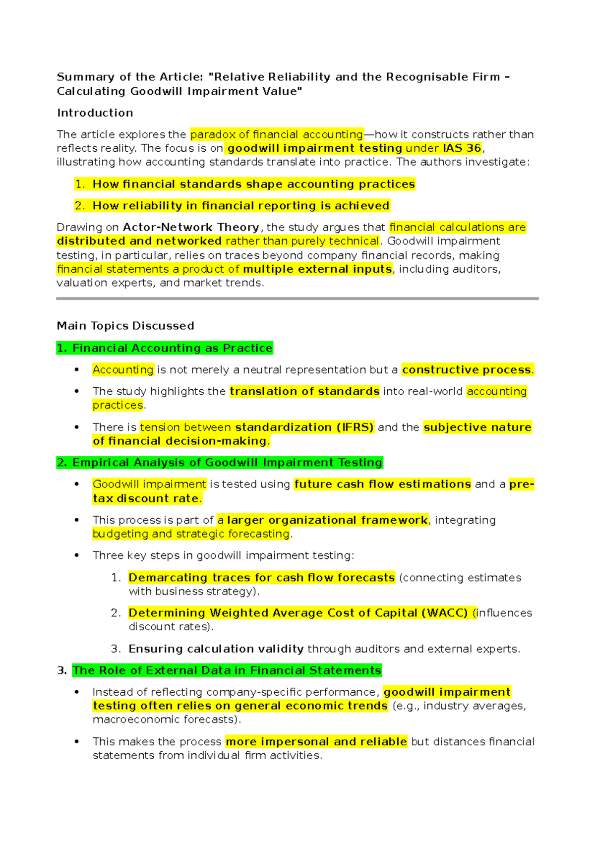 Summary of Reliability and Recognisable Firm: Goodwill Impairment ...