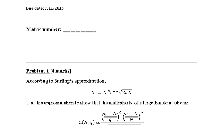 HW2 PH2103 - Einstein Solid Multiplicity Problems and Solutions - Studocu