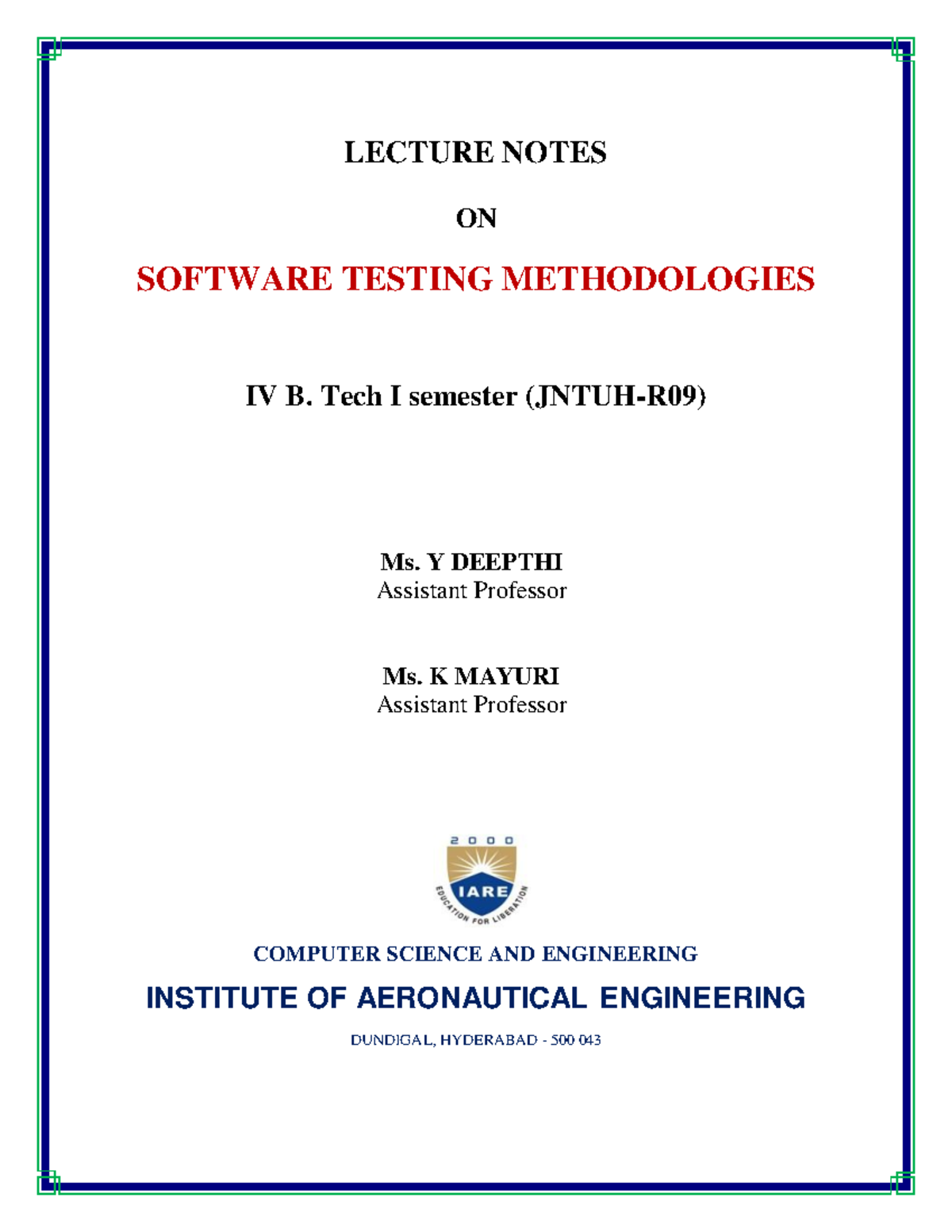 **IV B. Tech I Sem - Lecture Notes on Software Testing Methodologies ...