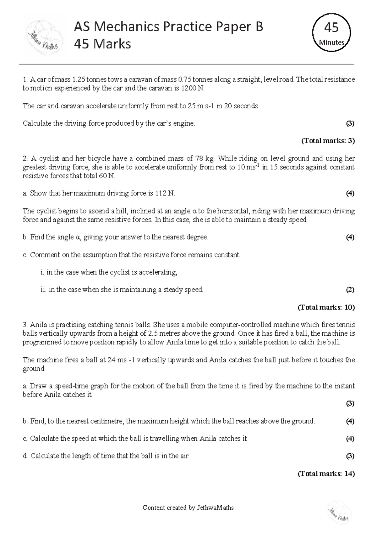 AS Mechanics Practice Paper B - 45 Marks, 45 Minutes - JethwaMaths ...