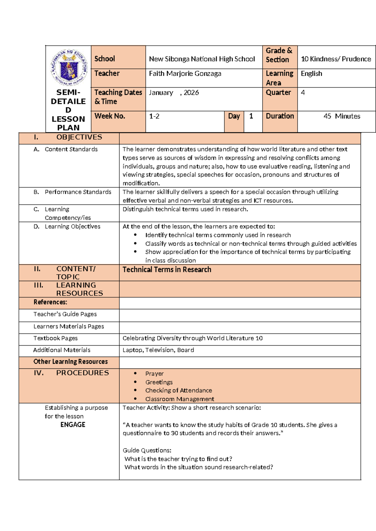 LP 10 - Detailed Lesson Plan on Technical Terms in Research - Studocu