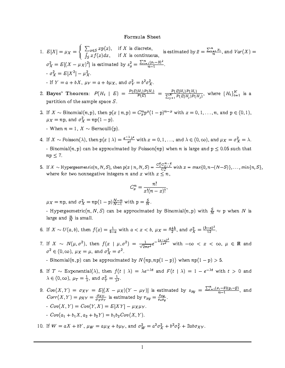 Midterm 2026 Statistics Formula Sheet - Studocu