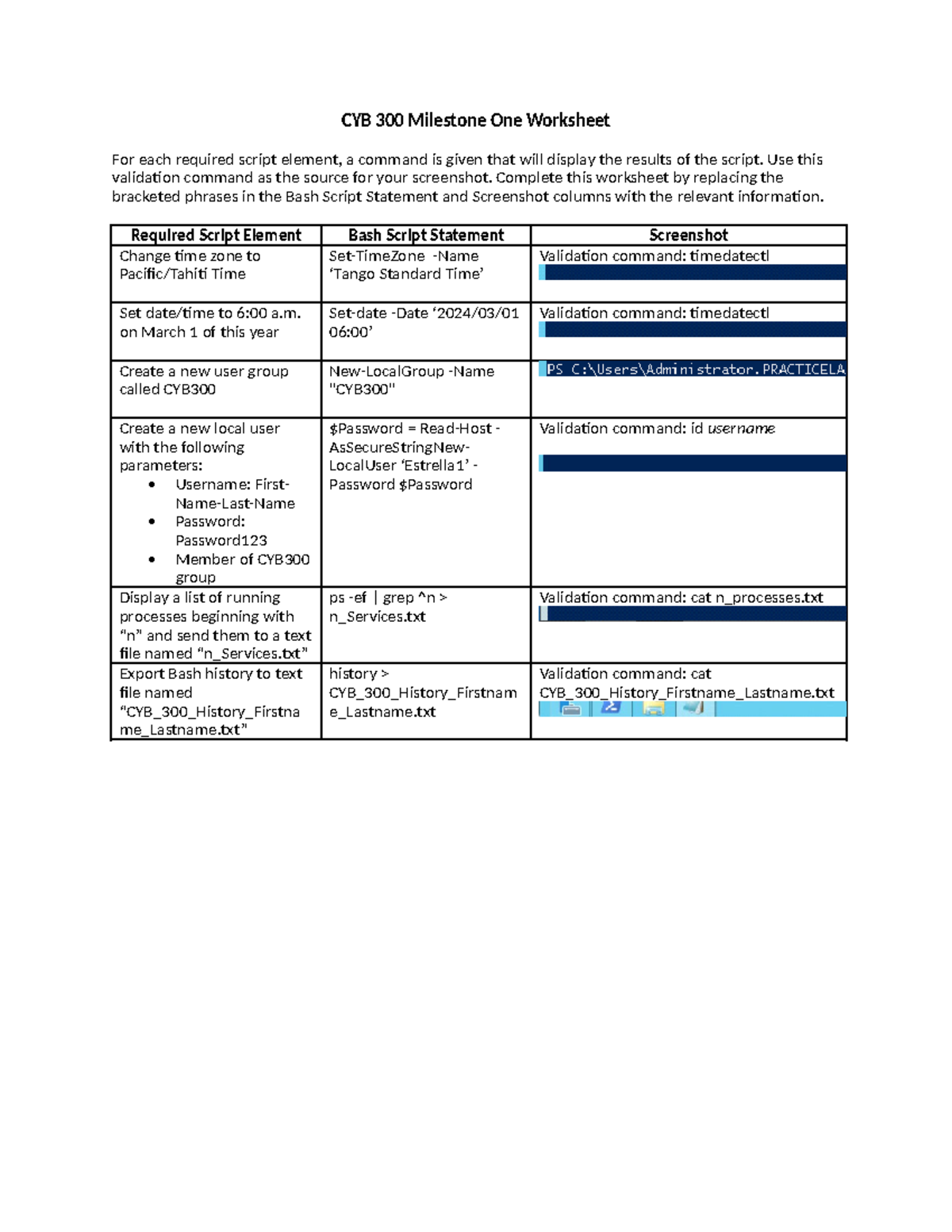 CYB 300 Milestone One Worksheet: Bash Scripting Commands and Results ...
