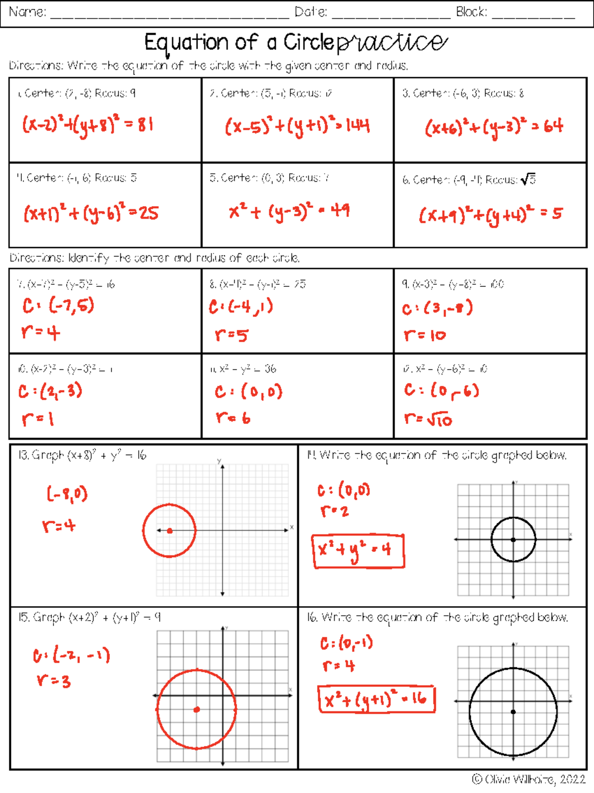 Equation of Circle Practice Key (Math 101) - Studocu