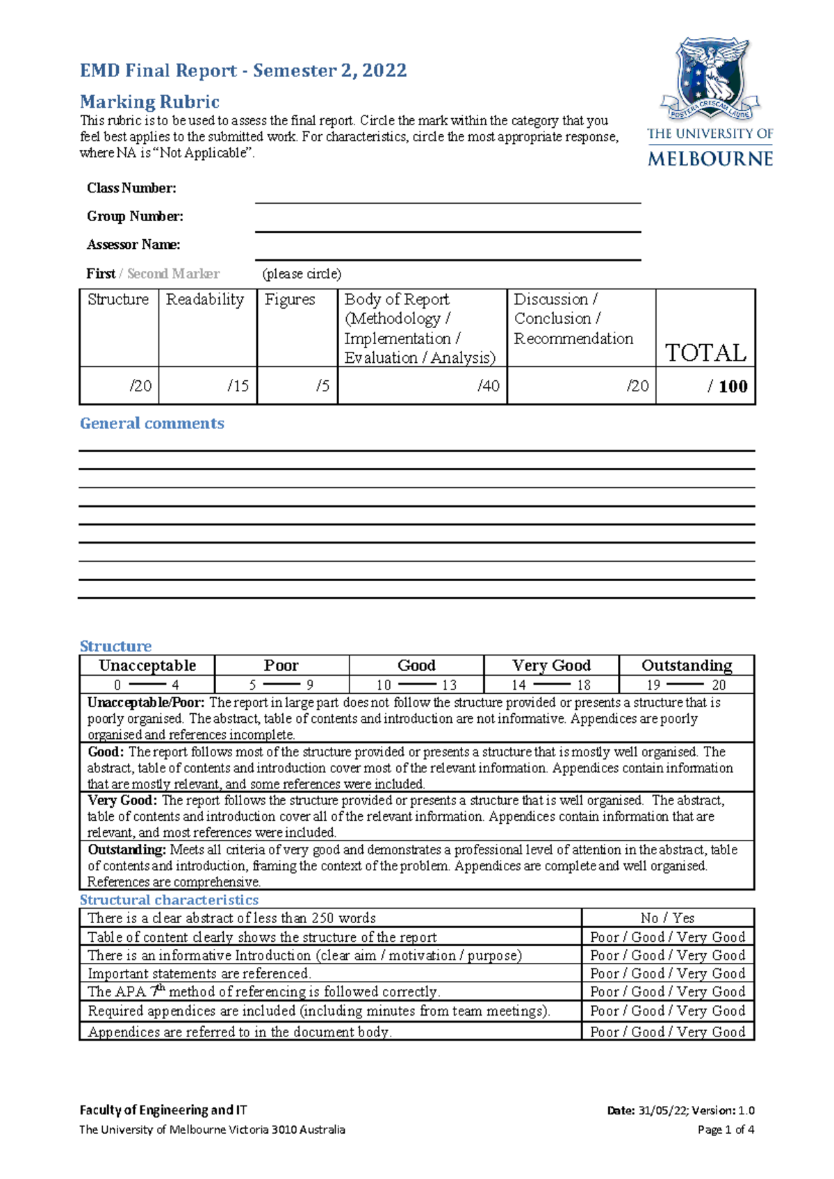 EMD Final Report Rubric - Engineering IT 2022 S2 Evaluation Guide - Studocu
