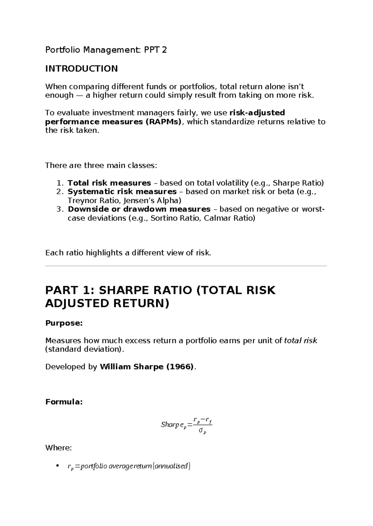 Portfolio Management: Notes 2 on Performance Measures and Optimization ...