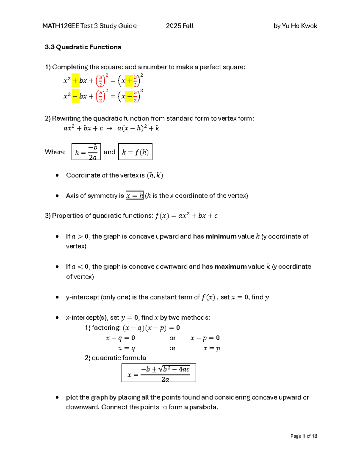 MATH126EE Test 3 Study Guide: Quadratic Functions & Models - Studocu