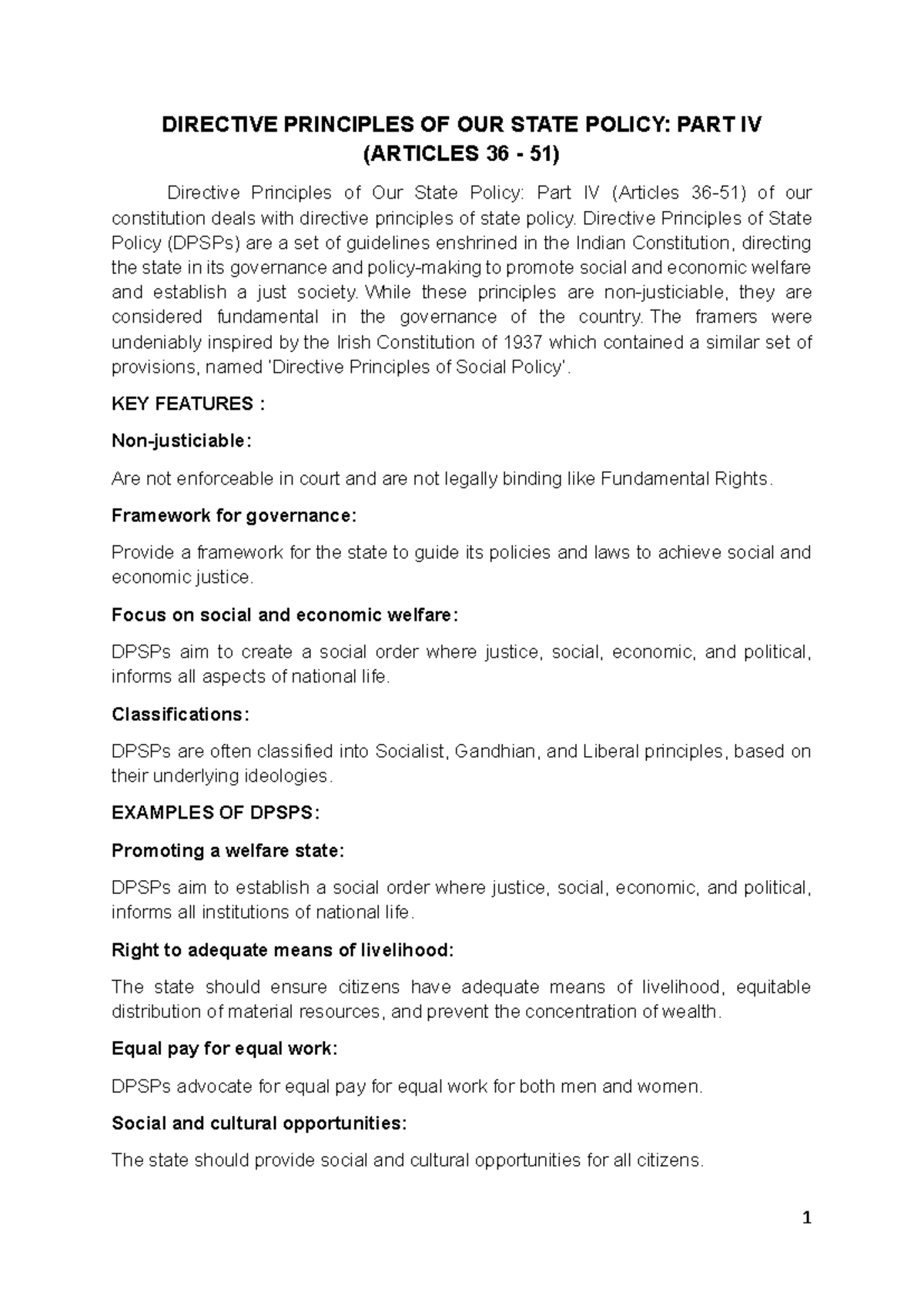 Notes on Directive Principles of State Policy: Articles 36-51 Summary ...