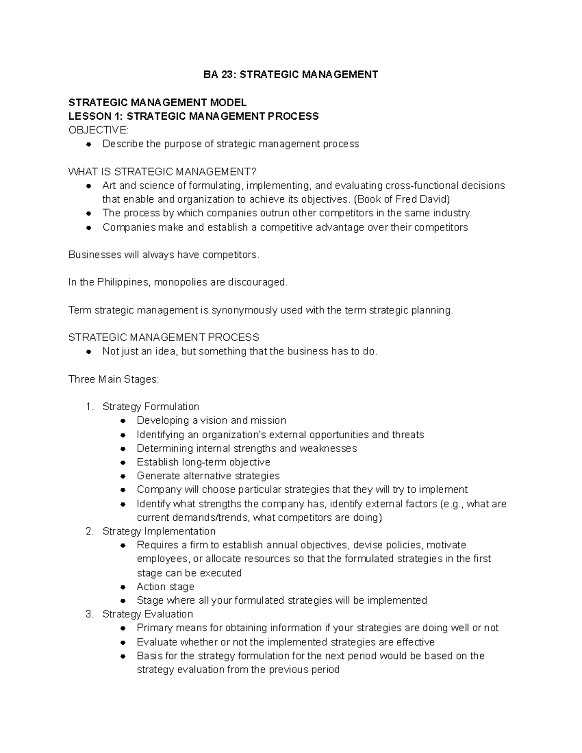 BA 23: Strategic Management Midterm Notes on Key Concepts and Processes ...