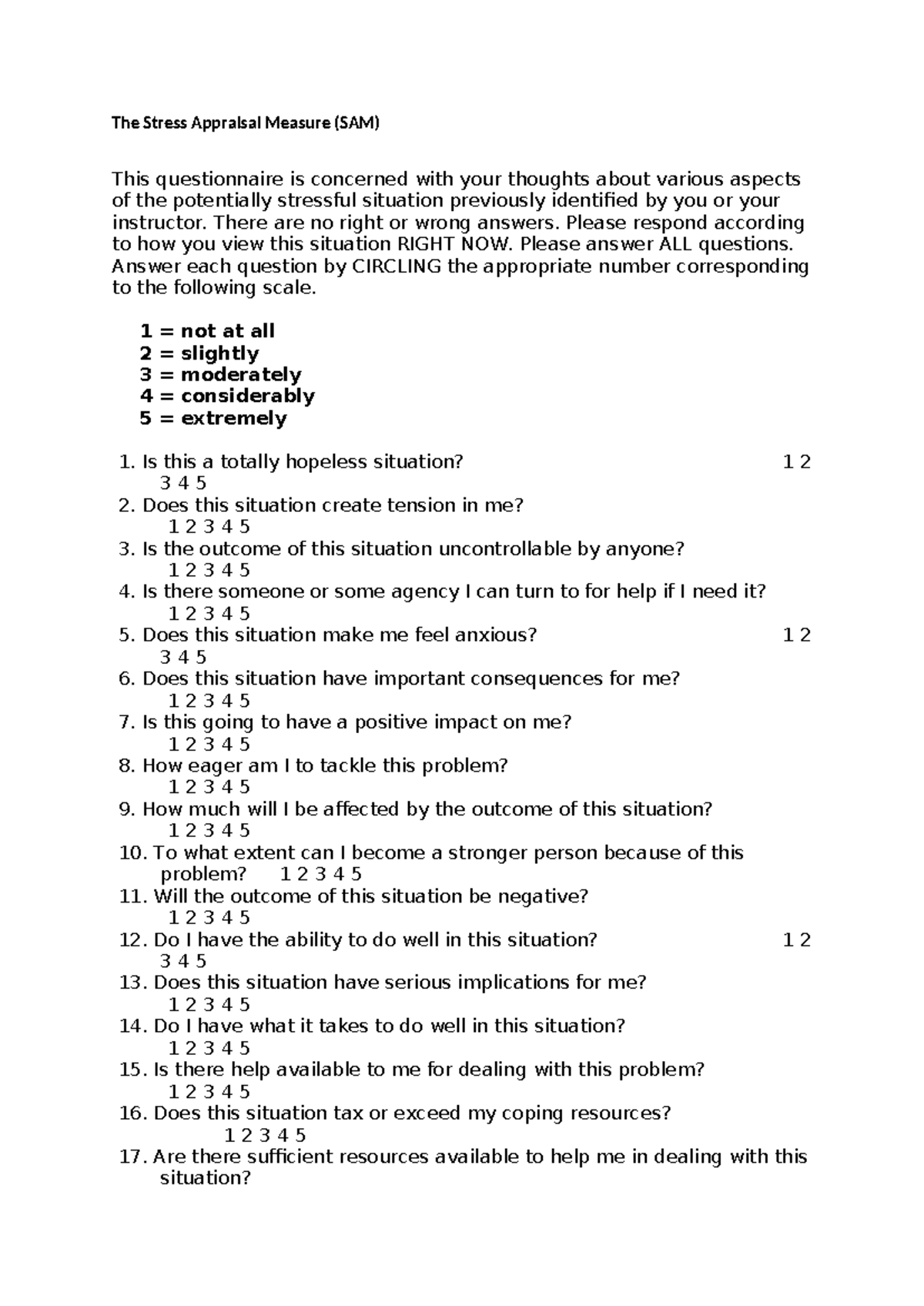 Revised Stress Appraisal Measure (SAM) Questionnaire for Coping ...