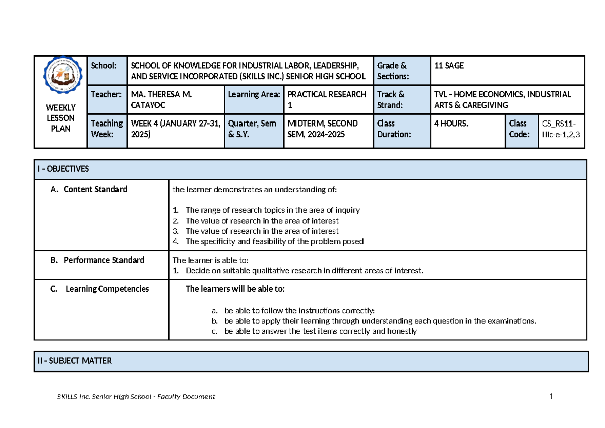 WEEK 4 MIDTERM LESSON PLAN: PRACTICAL RESEARCH 1 (S.Y. 2025) - Studocu