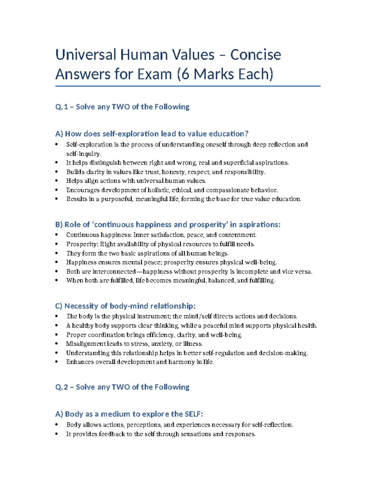 Universal Human Values Exam Answers (6 Marks Each) - Studocu