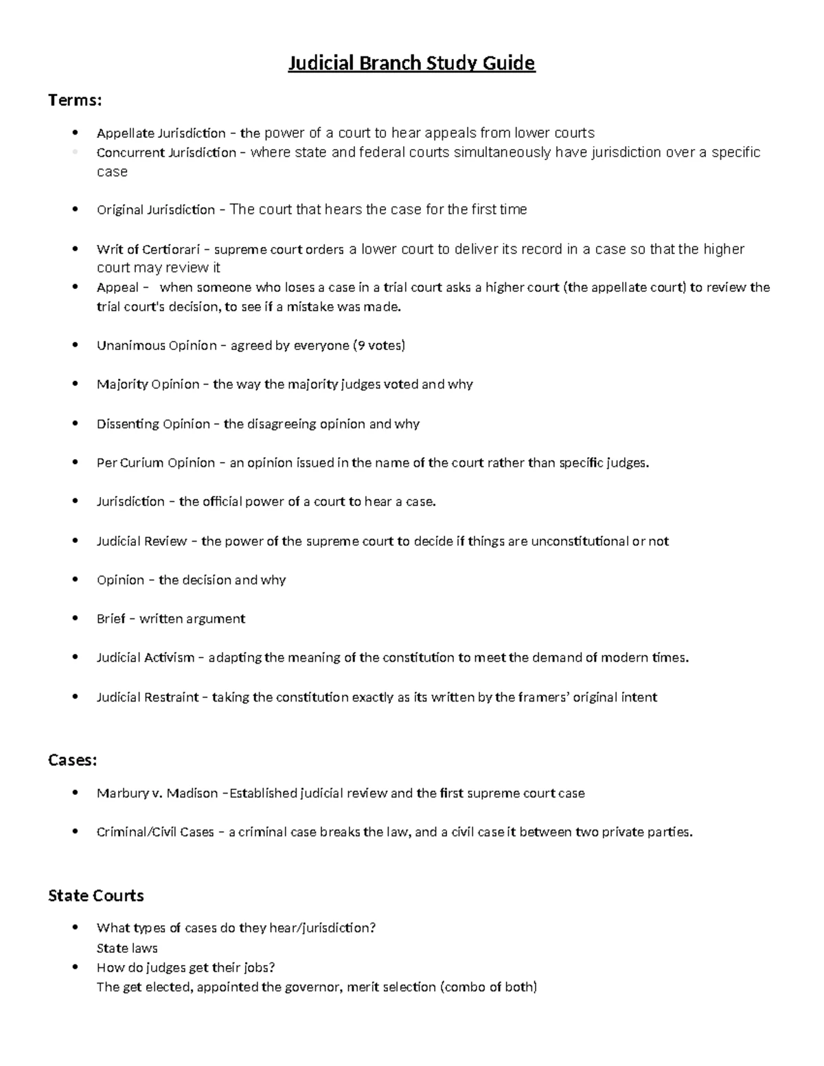 Judicial Branch Study Guide: Key Terms and Cases Explained - Studocu