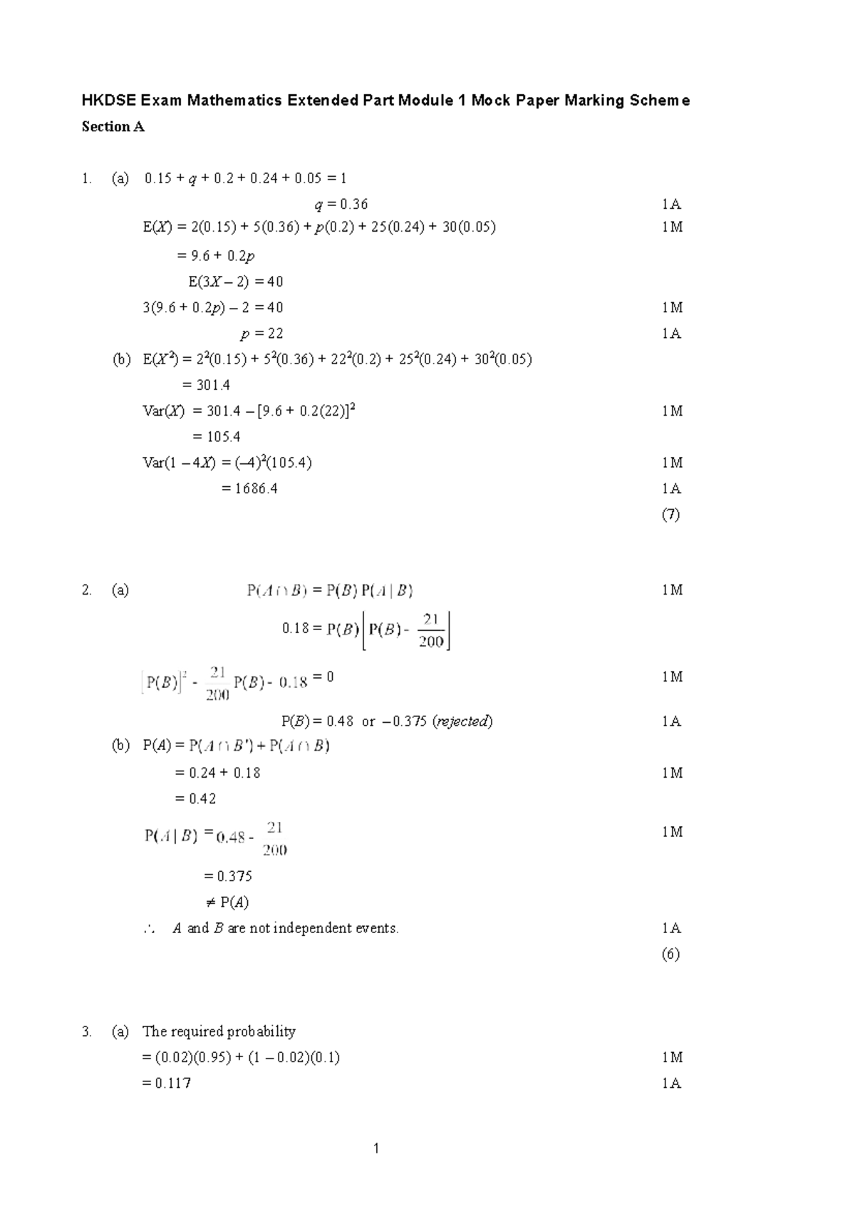 HKDSE Exam Math Ext Part Module 1 Mock Paper Marking Scheme - Studocu