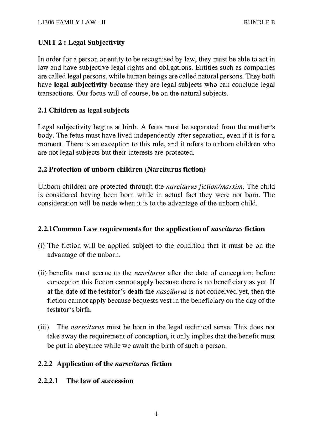 L1306 FAMILY LAW II BUNDLE B UNIT 2: Legal Subjectivity and Nasciturus ...