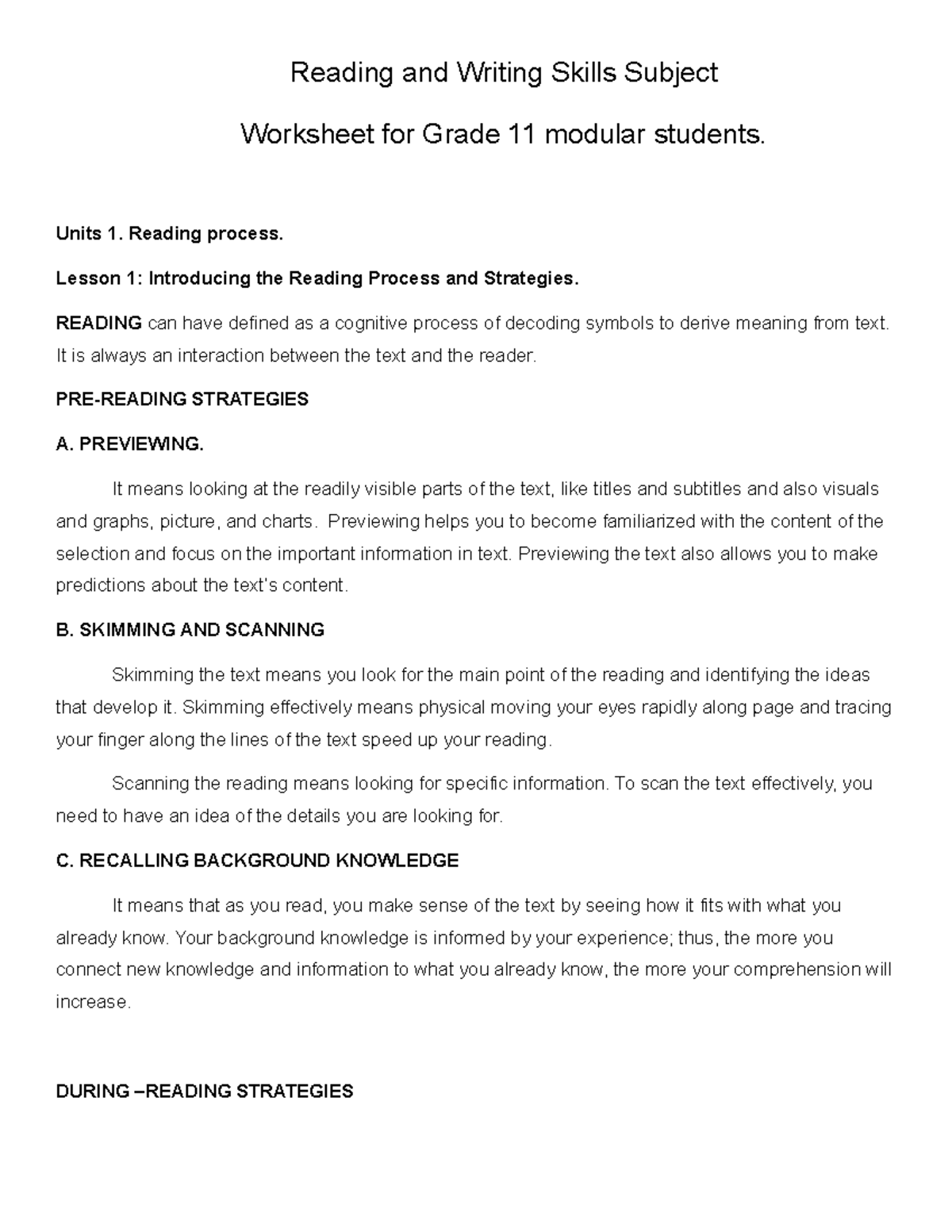 Worksheet for Reading & Writing Skills - Grade 11 - Studocu