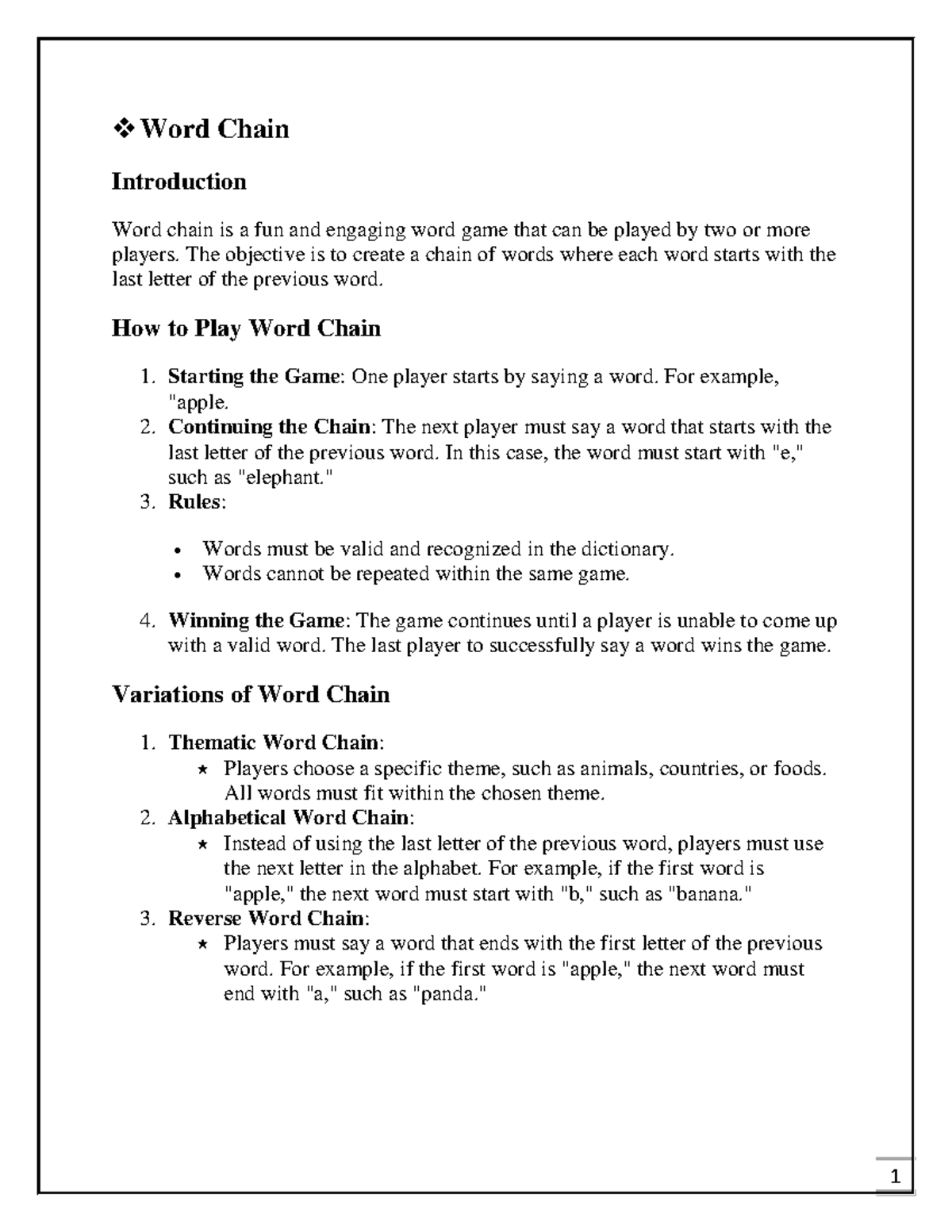 English 101 Final Exam Notes: Word Chain & Vocabulary Games - Studocu