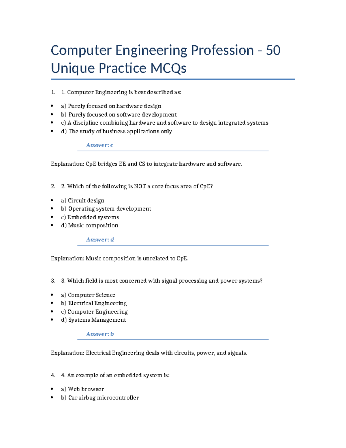 CpE 50 Unique Practice MCQs for Computer Engineering - Studocu