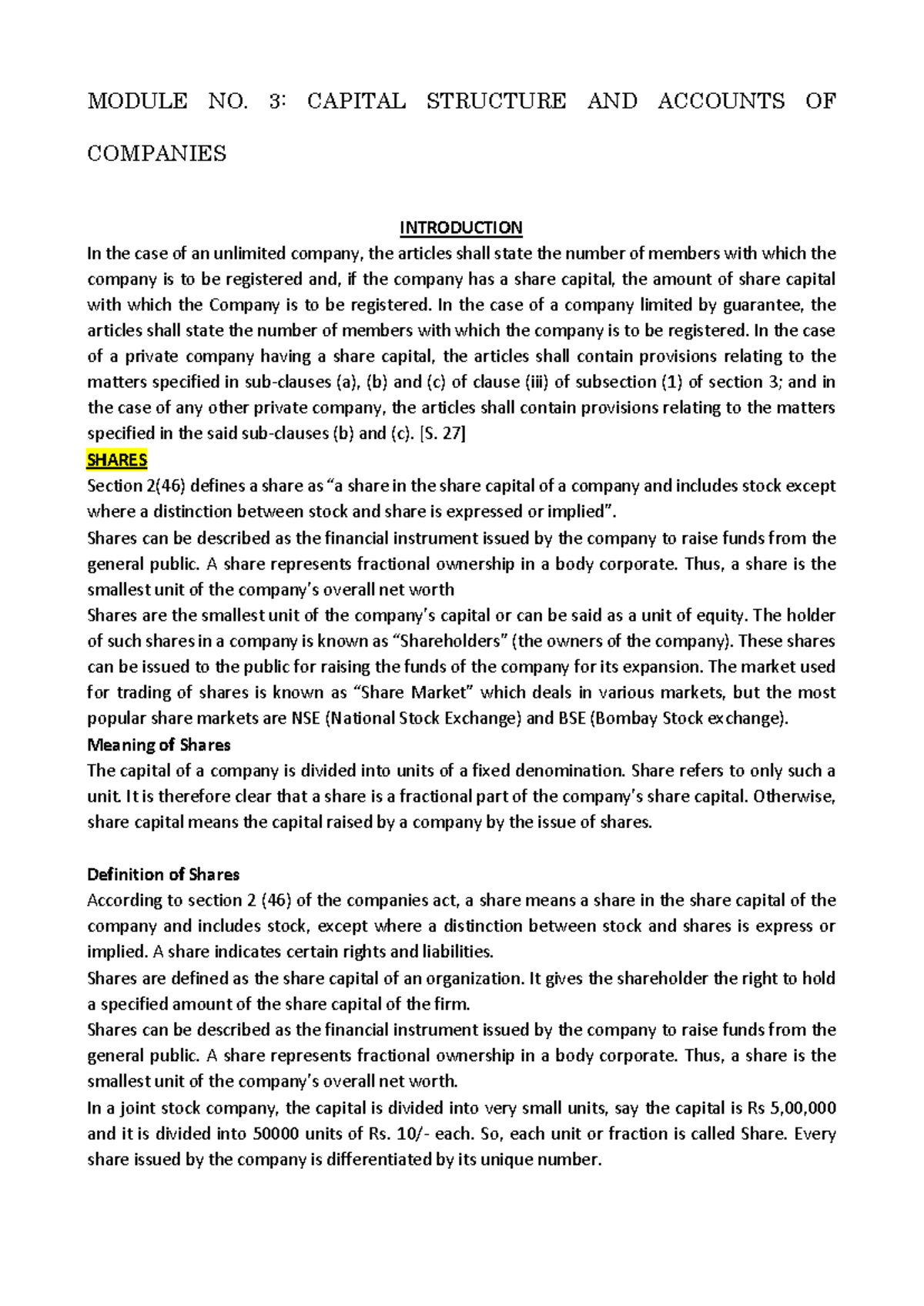 CLA - Chapter 3 - MODULE NO. 3: CAPITAL STRUCTURE AND ACCOUNTS OF ...