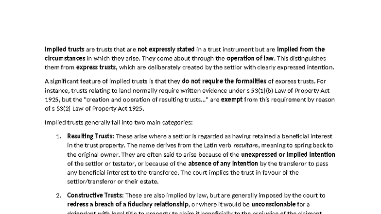 Resulting Trusts: Understanding Implied Trusts in Law - Studocu