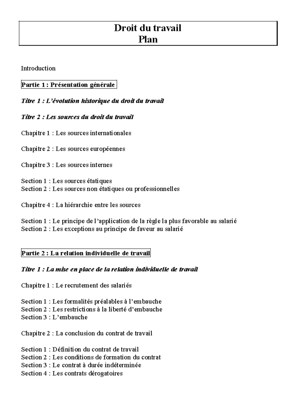Plan du cours de Droit du Travail : Introduction et Partie 1 - Studocu