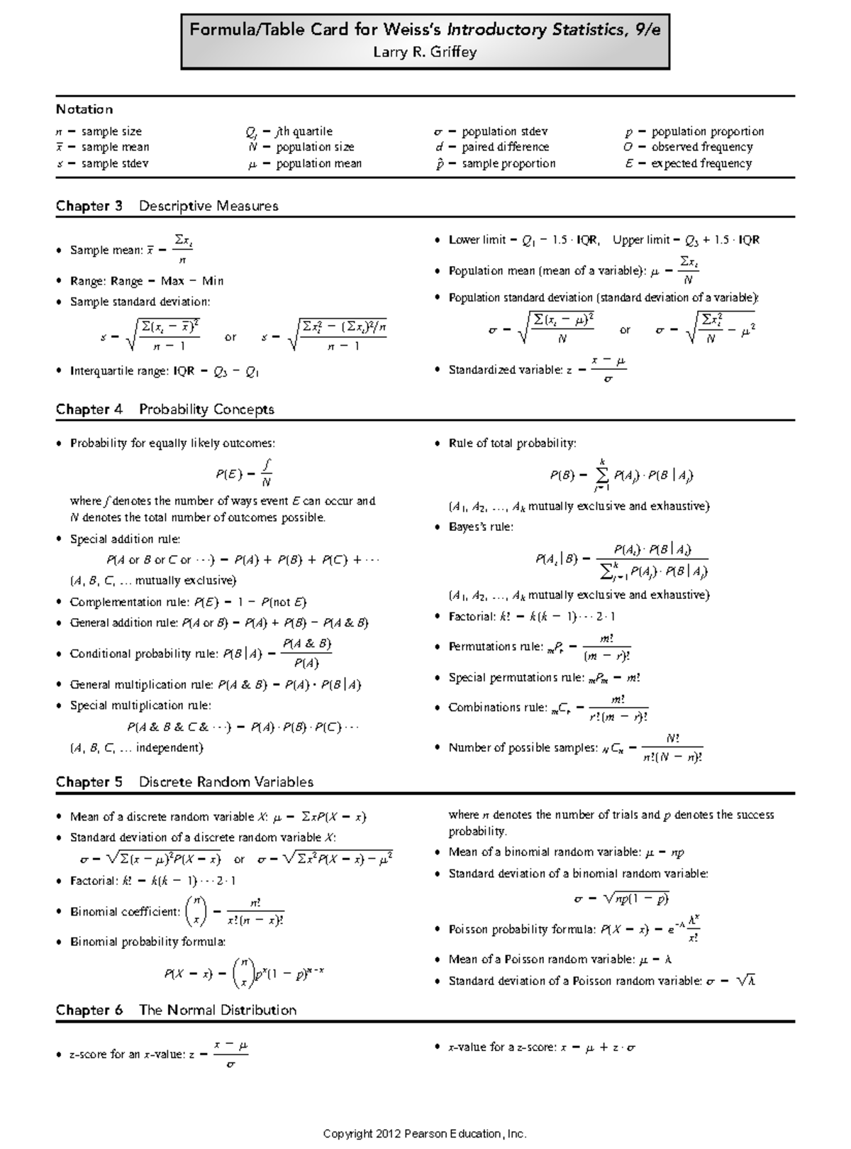 Estat 9W Formula Tables for Introductory Statistics - Studocu