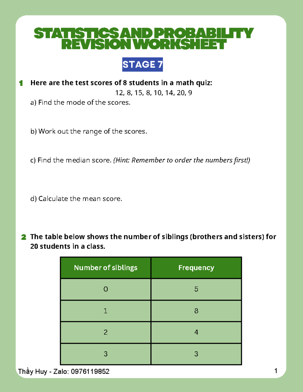 Math Stage 7 Statistics & Probability Practice Set - Studocu