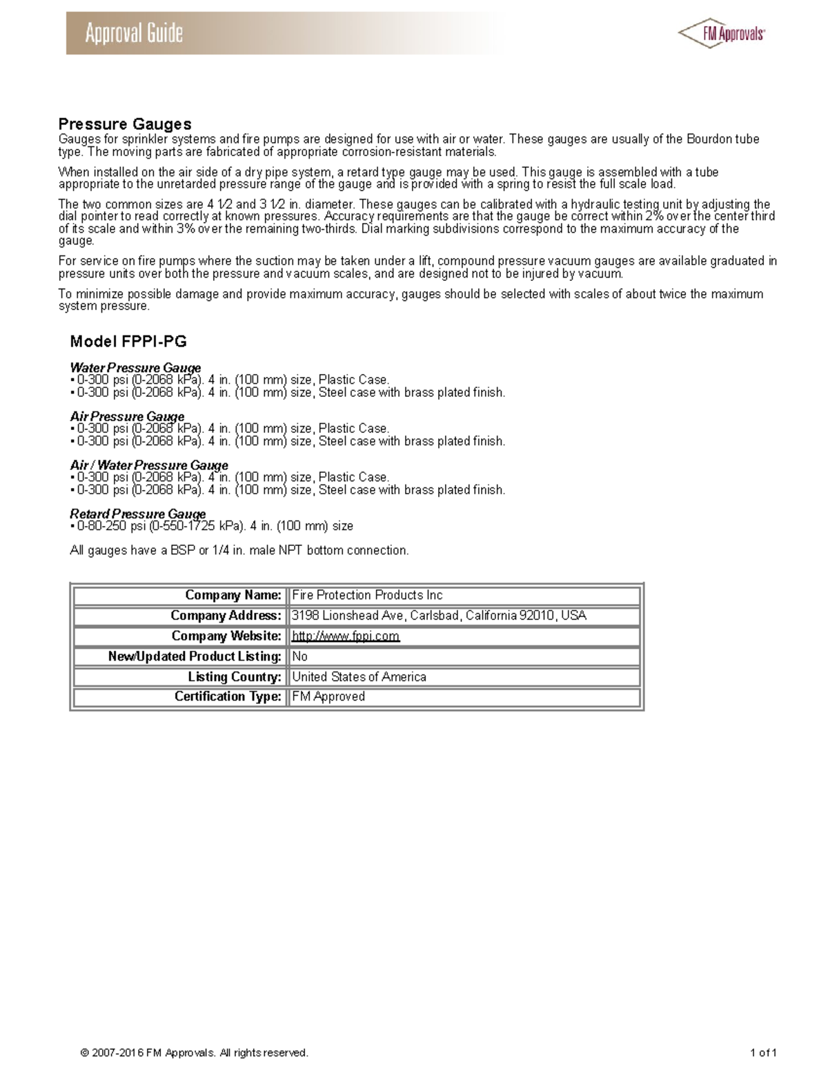 FPPI - FM Certified Pressure Gauge Overview and Specifications - Studocu