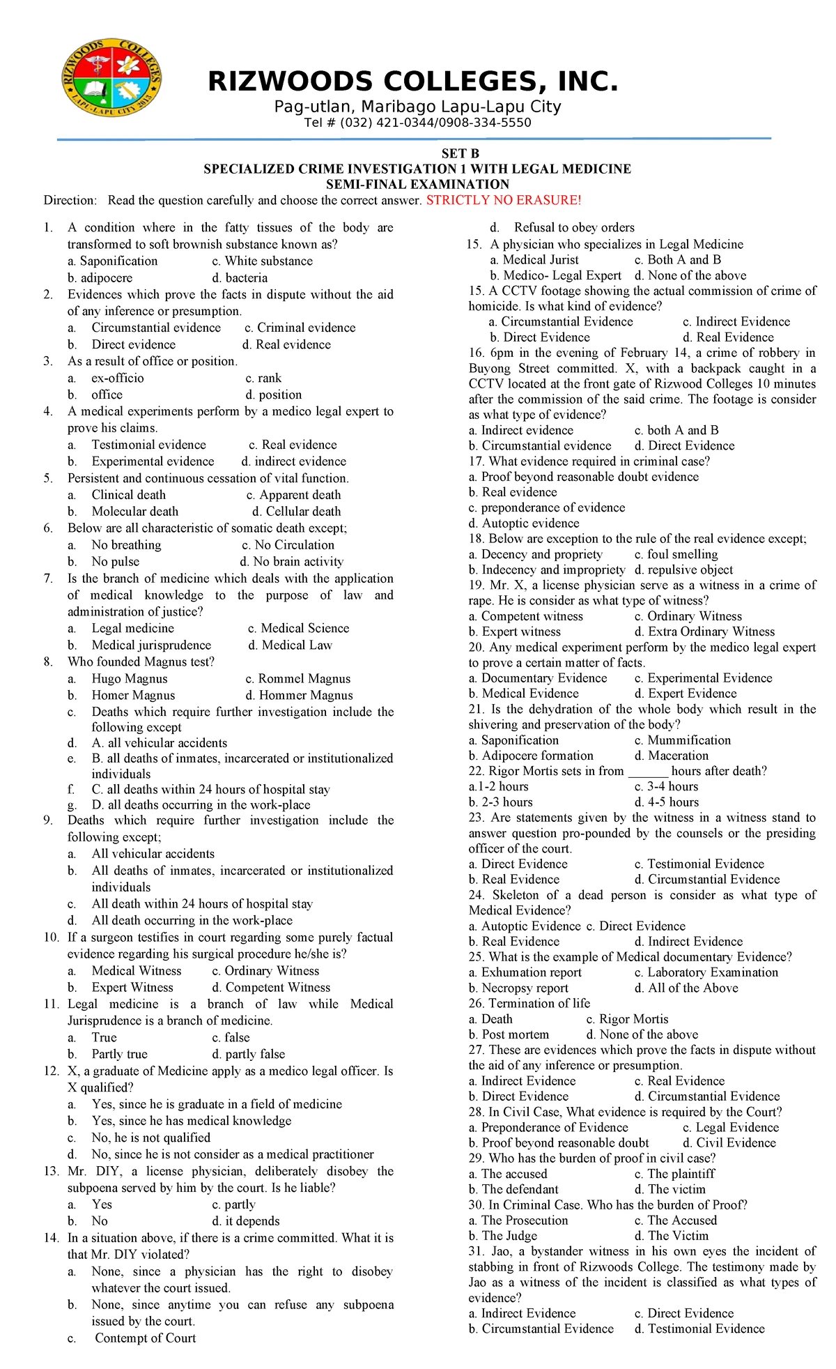 CDI 2 - Summative Exam Set A - Specialized Crime Investigation 1 - Studocu