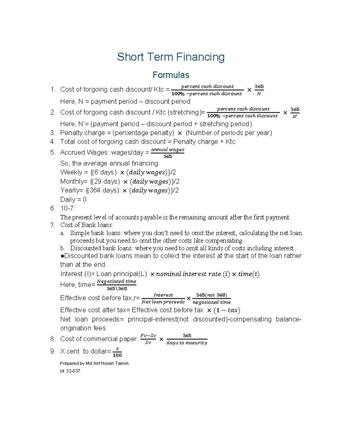 Short Term Financing Formulas: Key Concepts and Calculations - Studocu