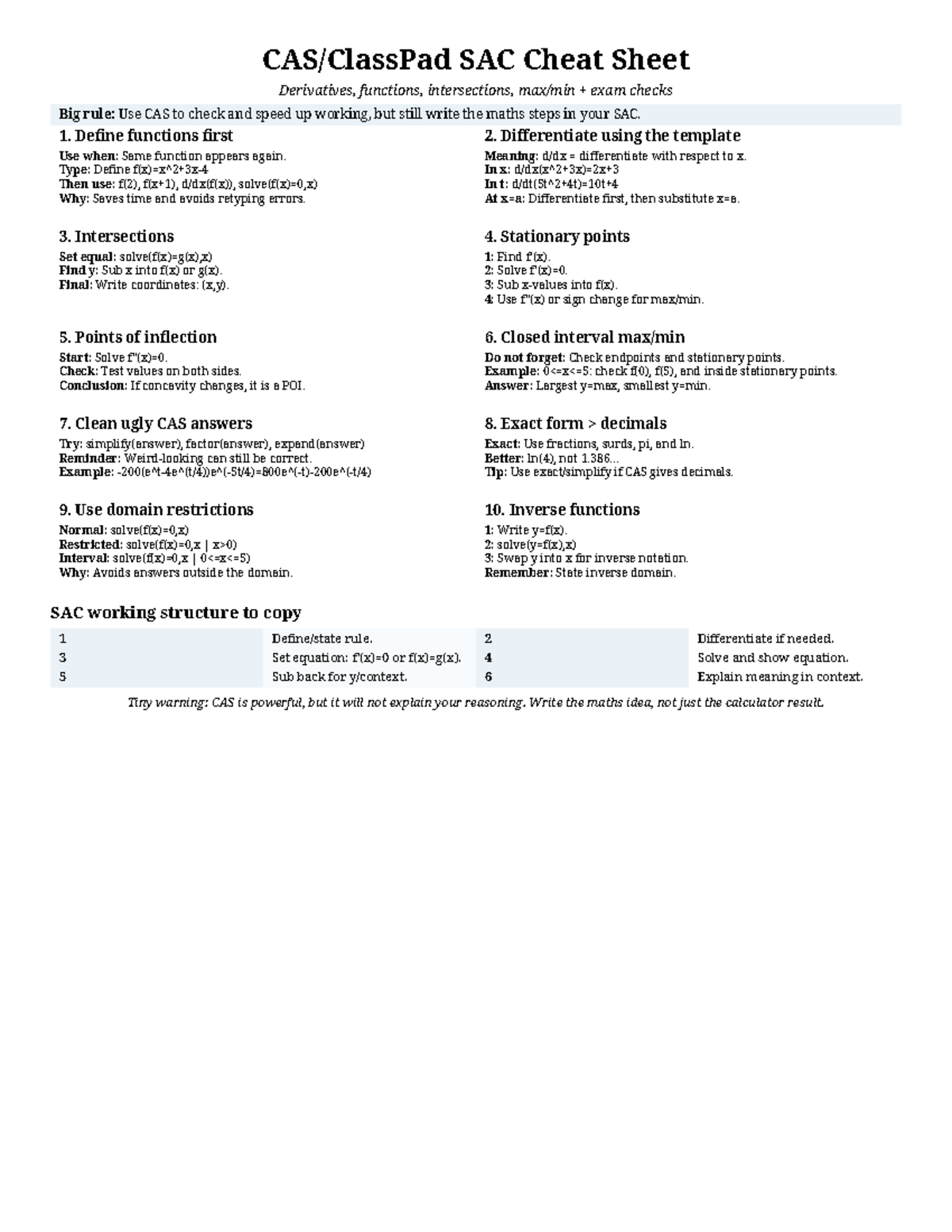 SAC Cheat Sheet: CAS Tips for Derivatives & Functions - Studocu