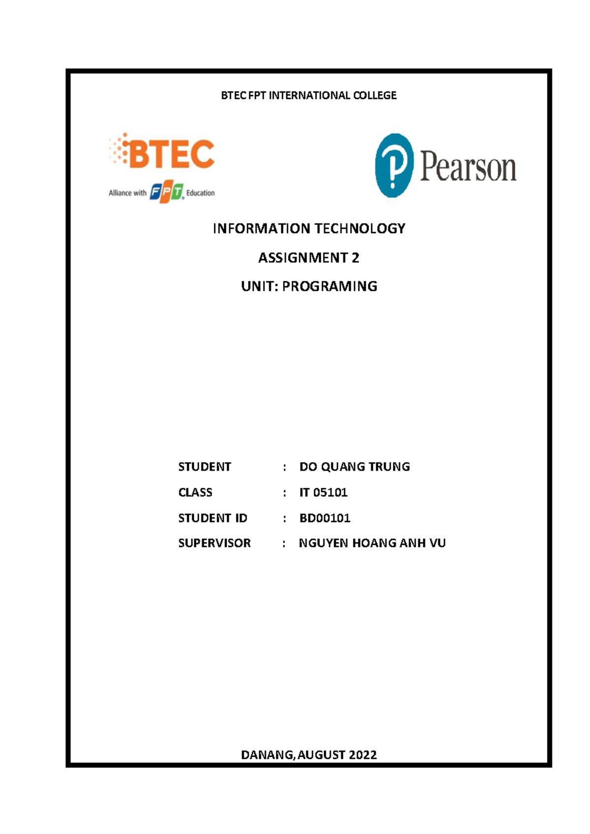 DO Quang Trung ASM 2 Programing - BTEC FPT INTERNATIONAL COLLEGE ...