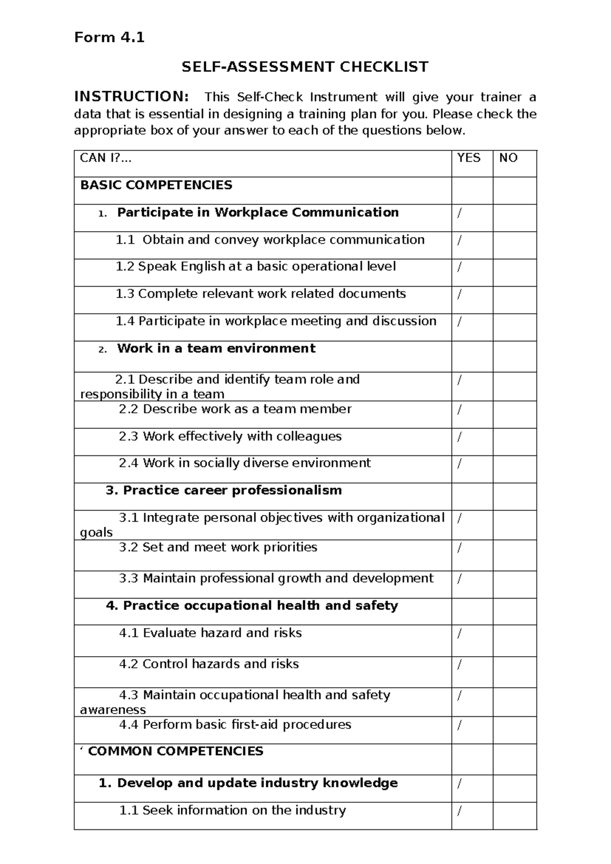 Form 4.1-4.2-4: Checklist for Basic Competencies in Training - Studocu