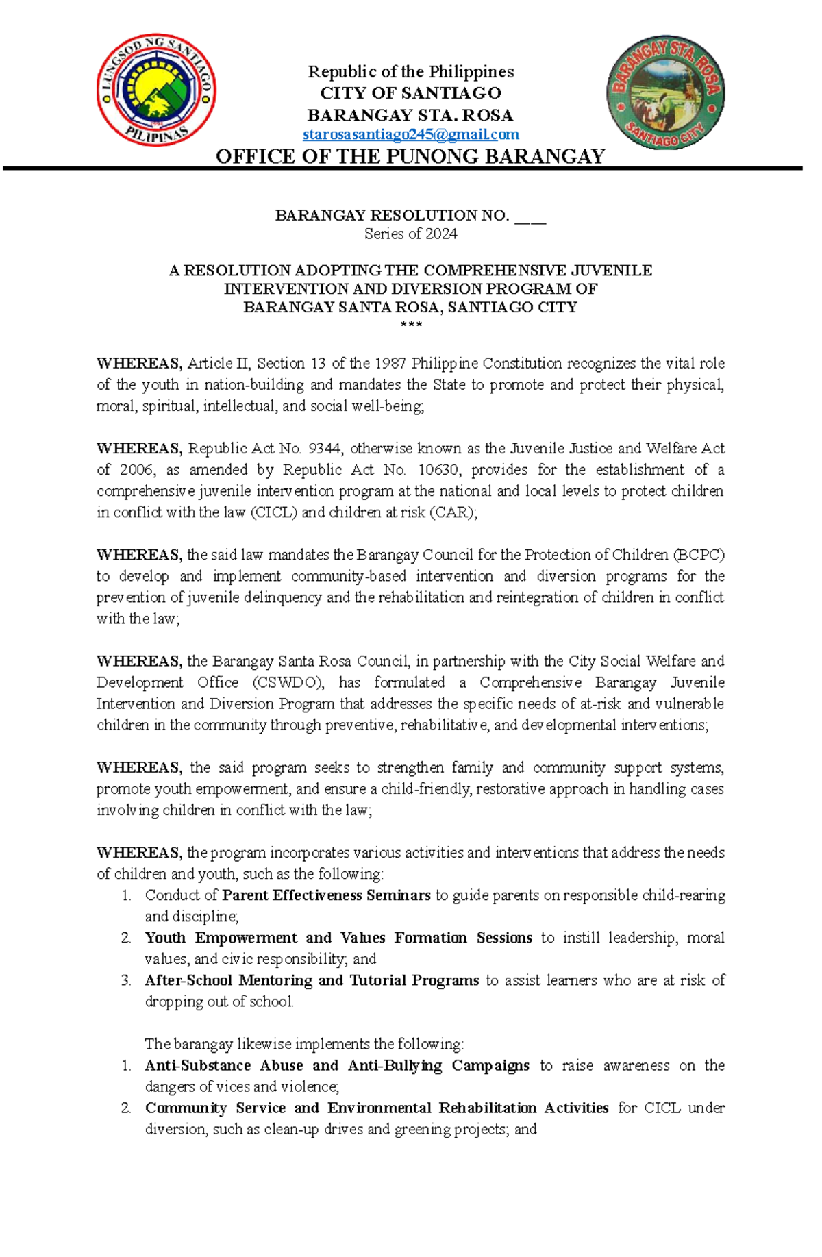 Barangay Resolution No. 2024: Comprehensive Juvenile Intervention ...