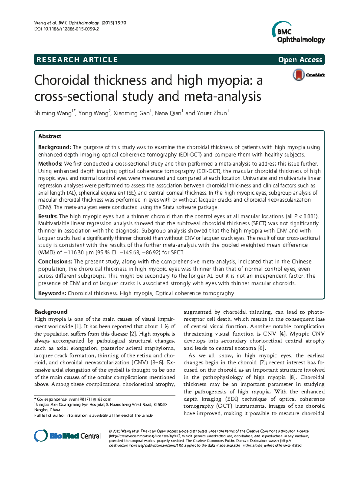 Choroidal Thickness in High Myopia: A Study (BMC Ophthalmology 2015 ...