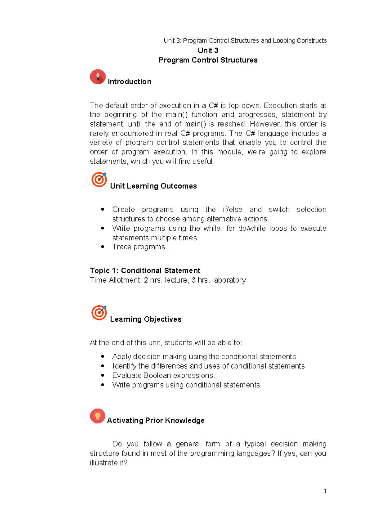 Unit 3 in Program Control Structures - Unit 3 Program Control ...
