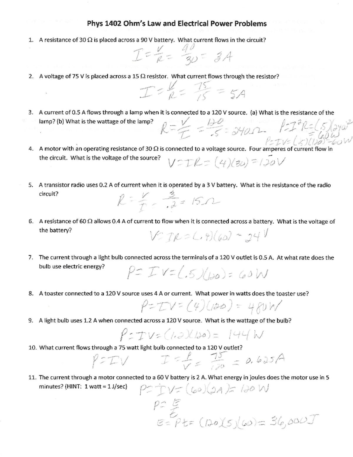 Phys 1402 Current & Circuits: Solutions to Practice Problems - Studocu