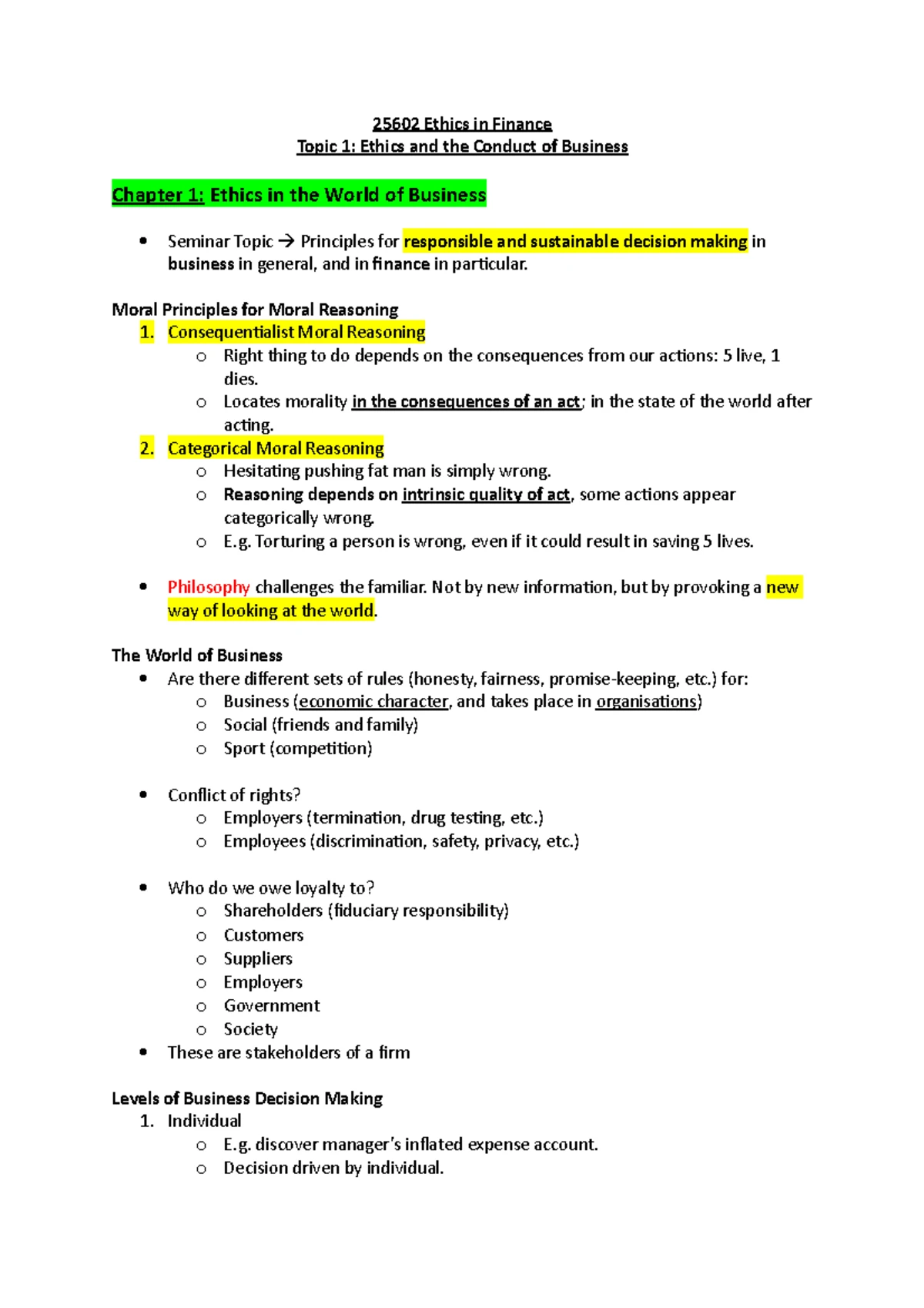 Week 1 - Ethical Decision Making - Theories - 25602 Ethics in Finance ...