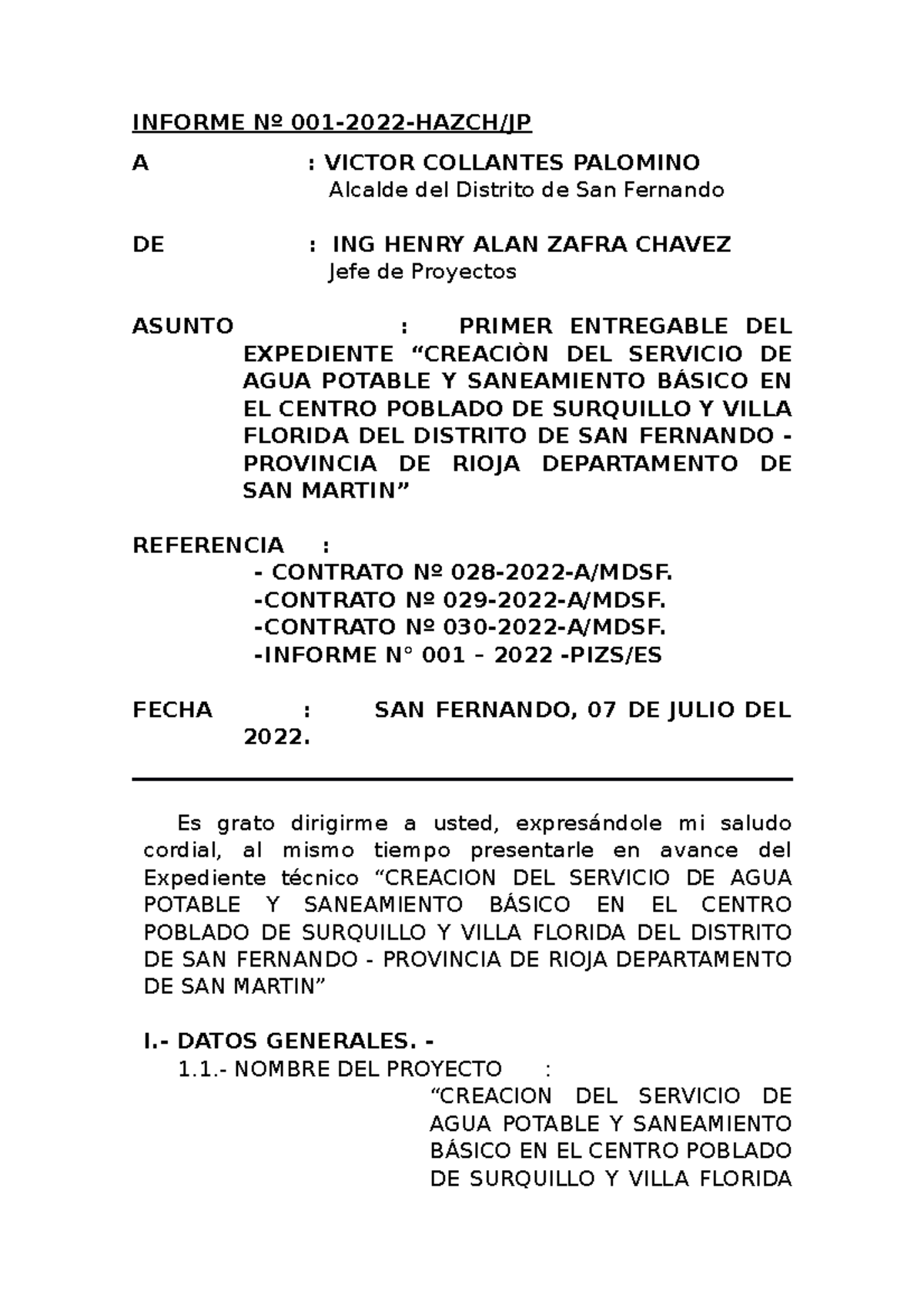Informe Técnico del Proyecto de Agua Potable - SANF 001-2022 - Studocu
