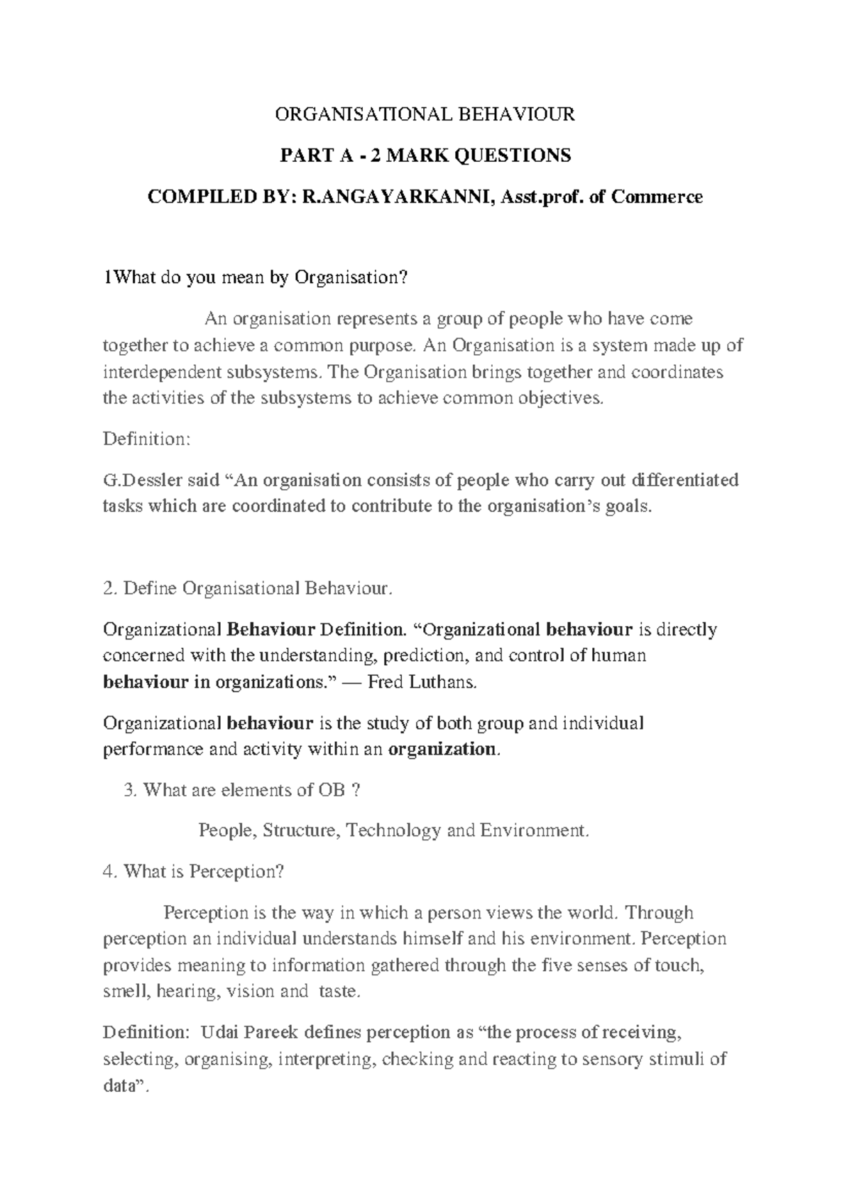 OB 2 MARK QUESTIONS: ORGANISATIONAL BEHAVIOUR NOTES FOR BBA - Studocu