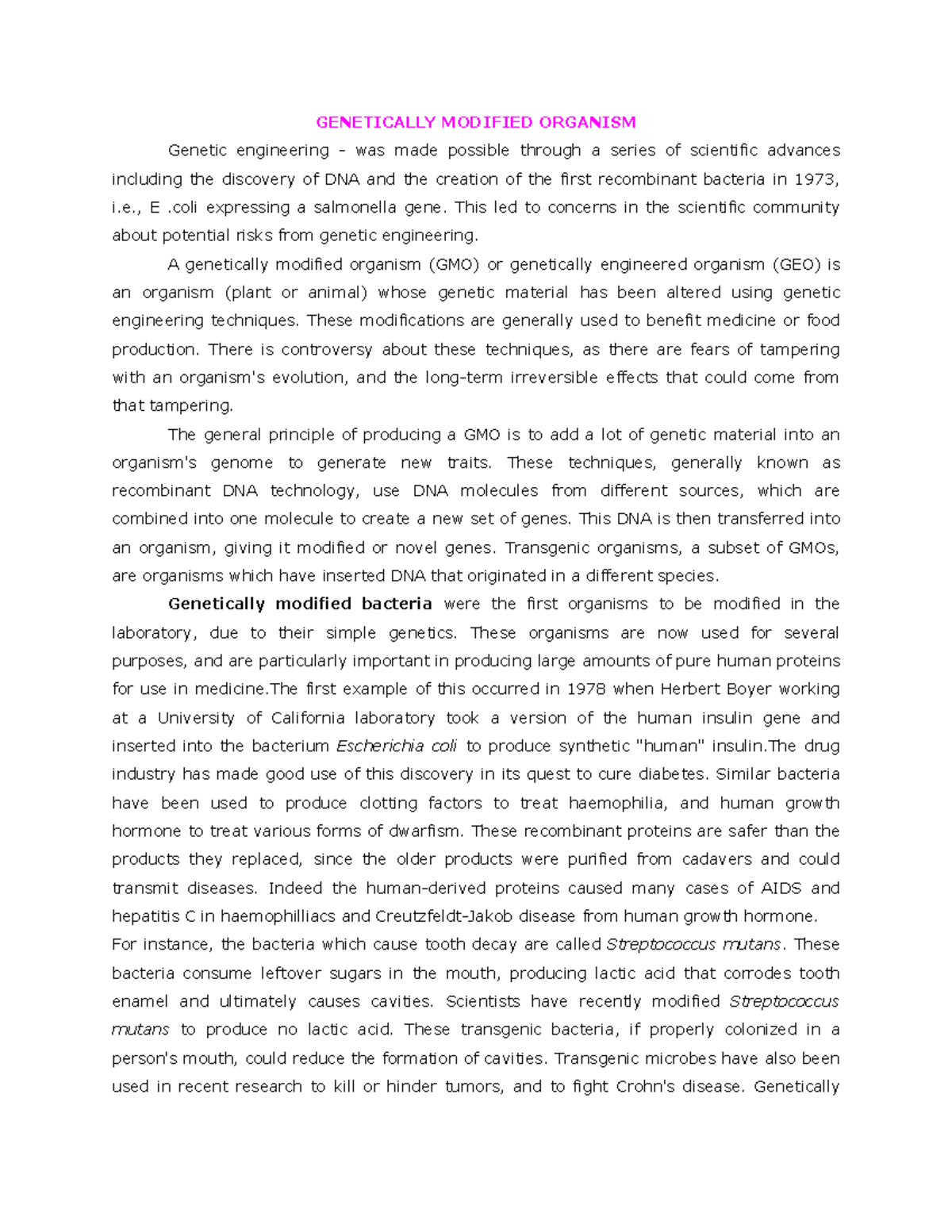 Microbiology Notes on Genetically Modified Organisms (GMO) - Studocu