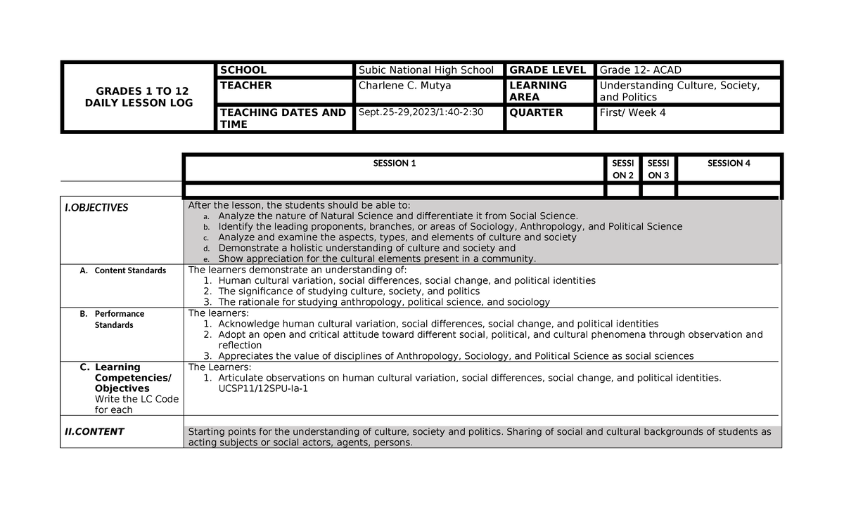 Daily Lesson Log for Grade 12 - Understanding Culture, Society, and ...