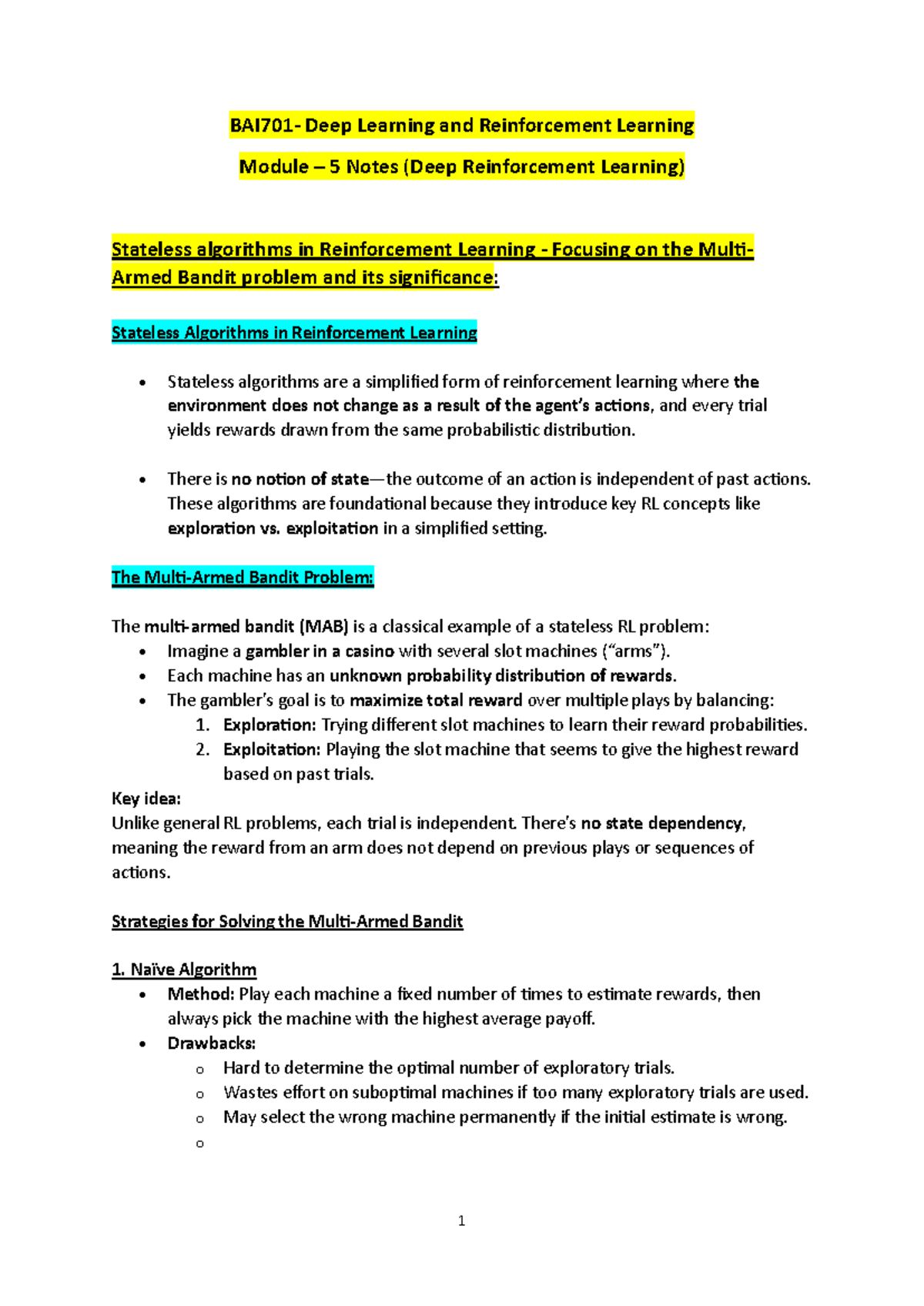 DL - Module 5 Notes: Deep Reinforcement Learning & Bandit Problem - Studocu
