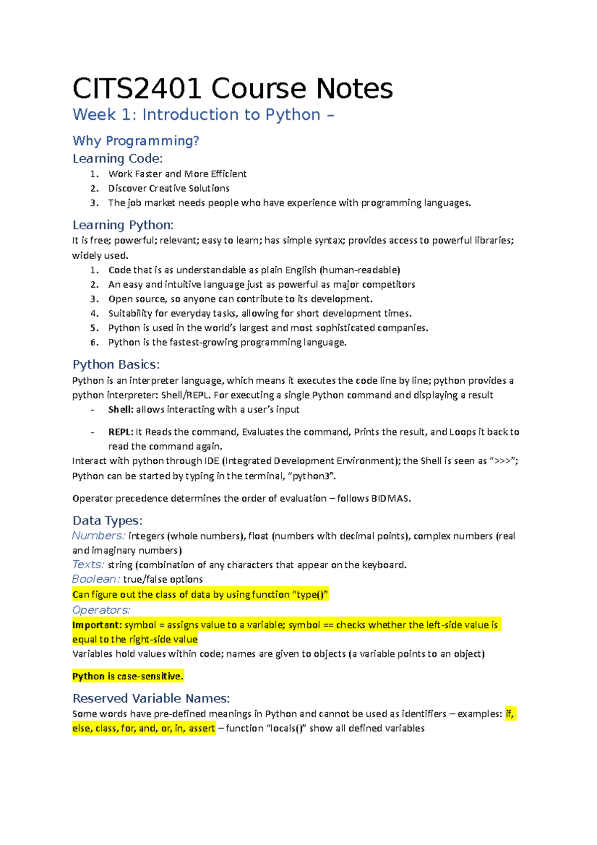CITS2401 Python Programming Course Notes: Introduction & Basics - Studocu
