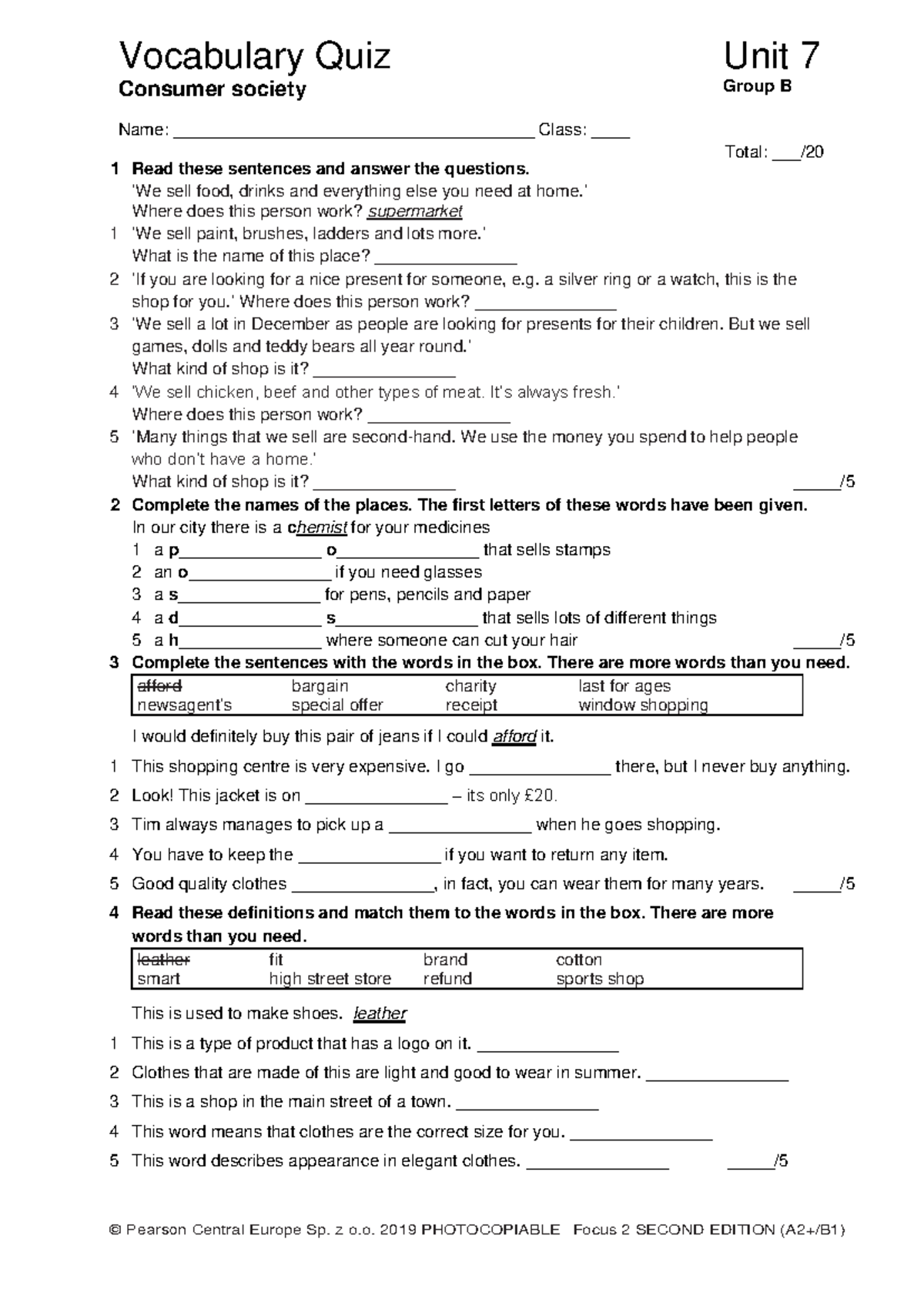 Focus 2 2ed Vocabulary Quiz Unit7 Group B - Vocabulary Quiz Unit 7 ...