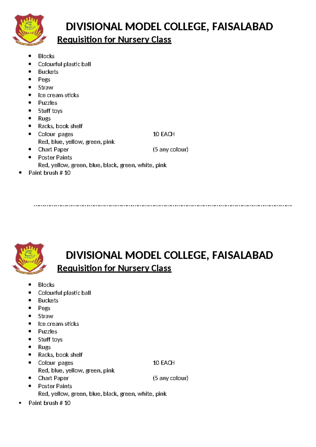 Nursery Class Material Requisition List - Divisional Model College ...